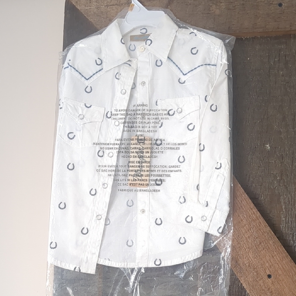 Girls Wrangler White Button-Up Shirt with Blue Horseshoe Pattern